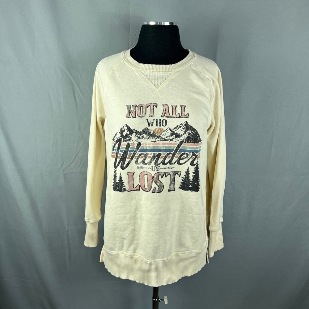 Maurices Sweatshirt Womens Small Beige Not All Who Wander Are Lost Fleece Lined